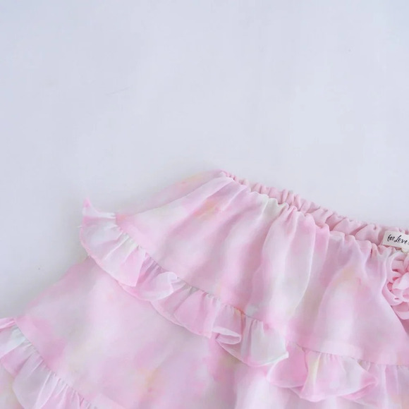 For Love And Lemons Pink & Cream Floral Ariana Layered Ruffle Mini Skirt S - Picture 9 of 10